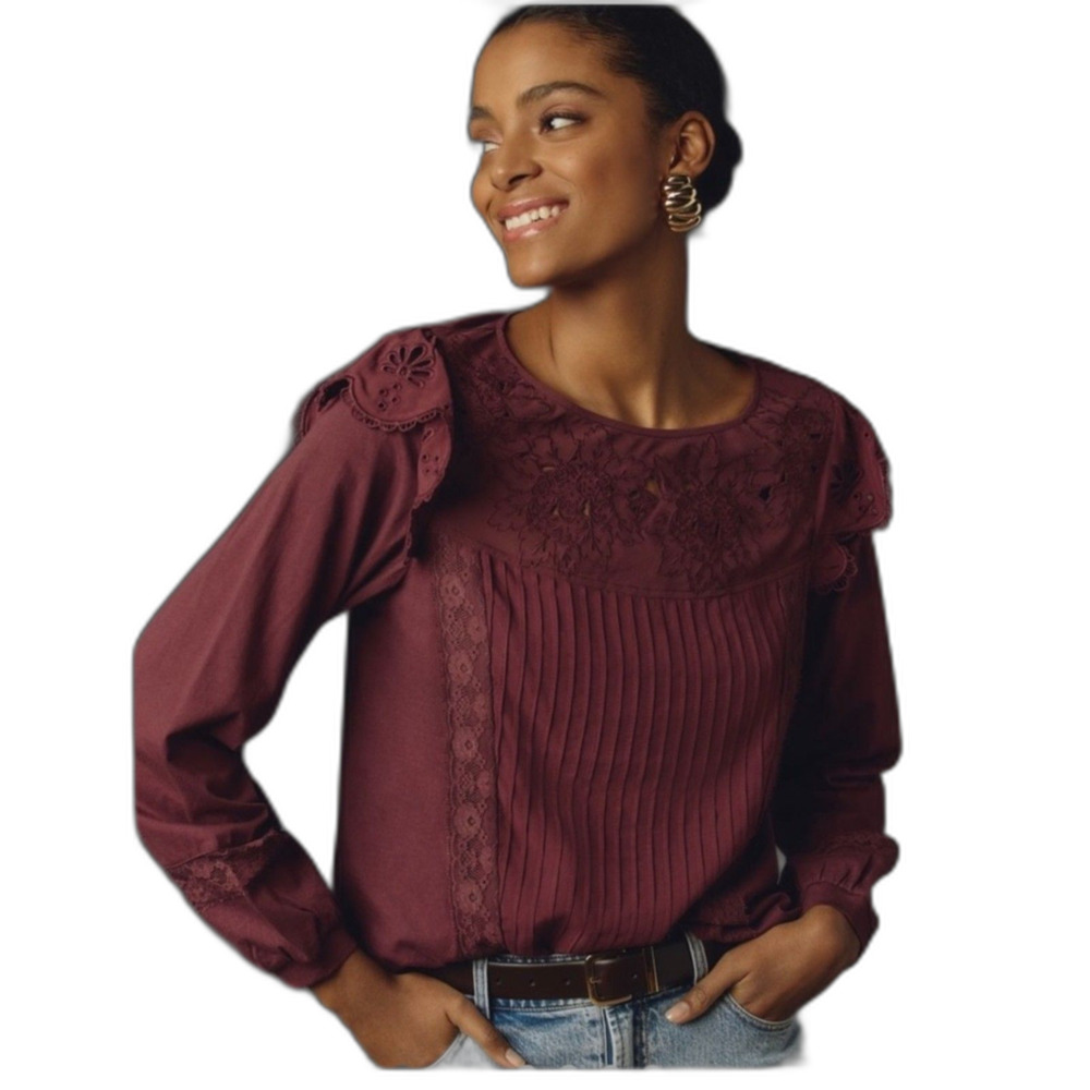 Anthropologie Tiny Women's Burgundy Lace Ruffle Pintuck LS Blouse Size M